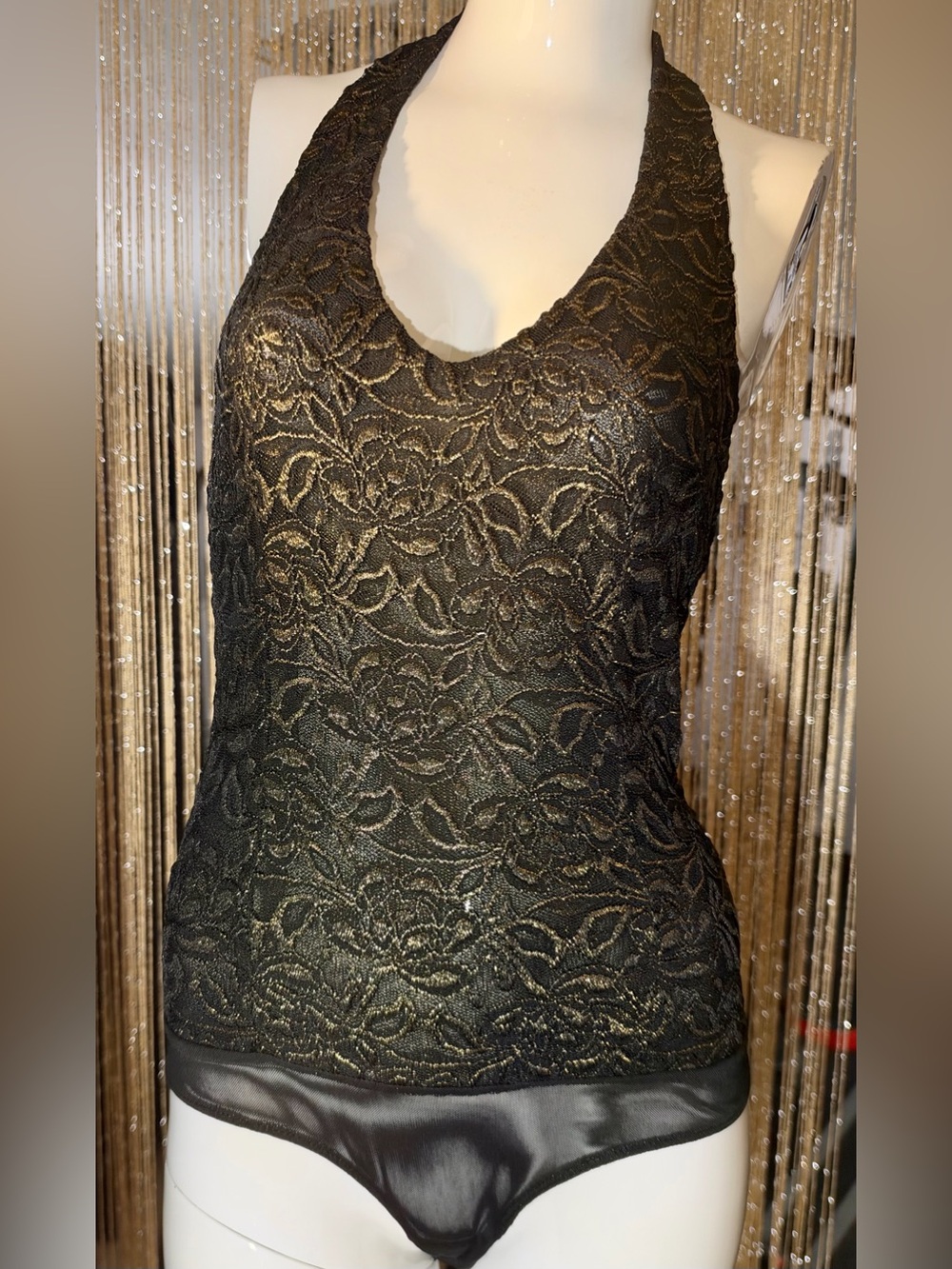 bebe Black and Gold Lace Corset Top